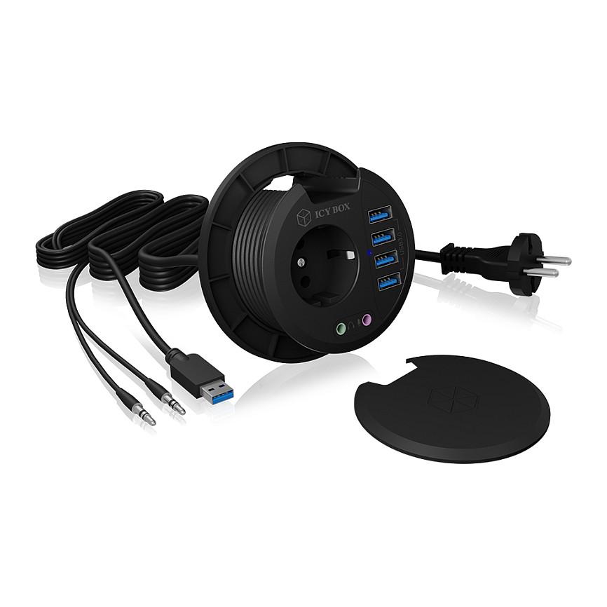Hubs ICY BOX IB-HUB1430, USB 3.2 Gen 1, 4x USB-A, 2x Audio 3,5mm, Prizë 230V - Zezë