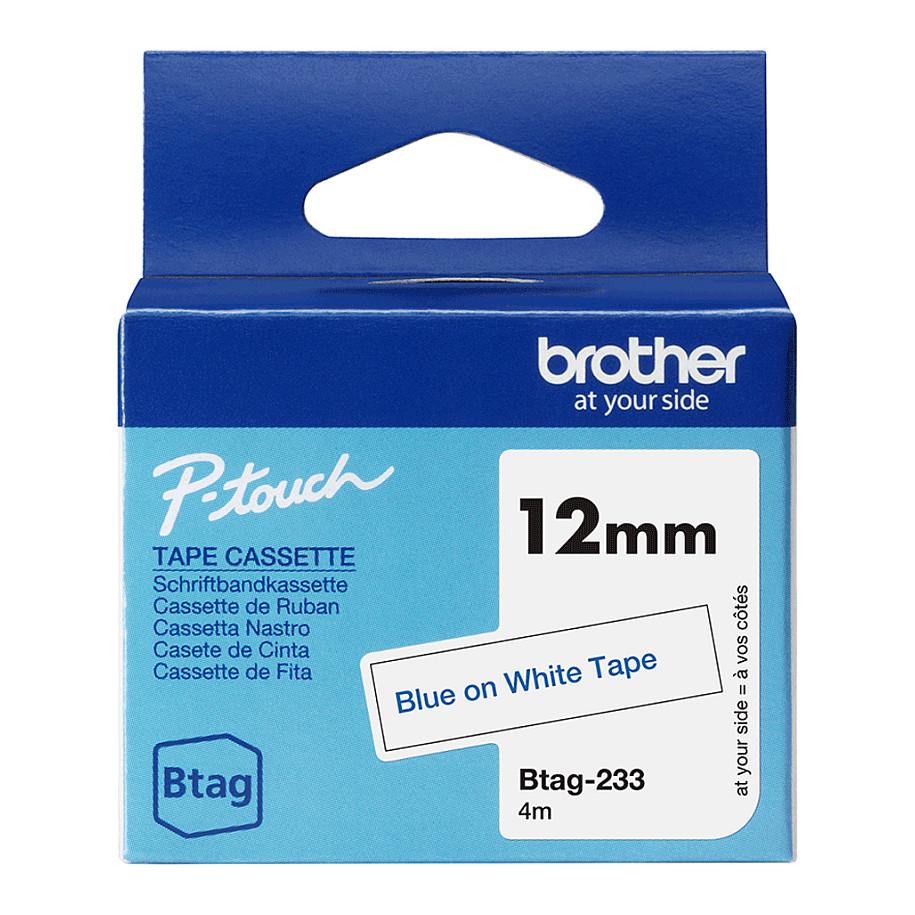 Shirit për Printer Brother BTAG-233 / 12 mm × 4 m - Blu mbi Bardhë