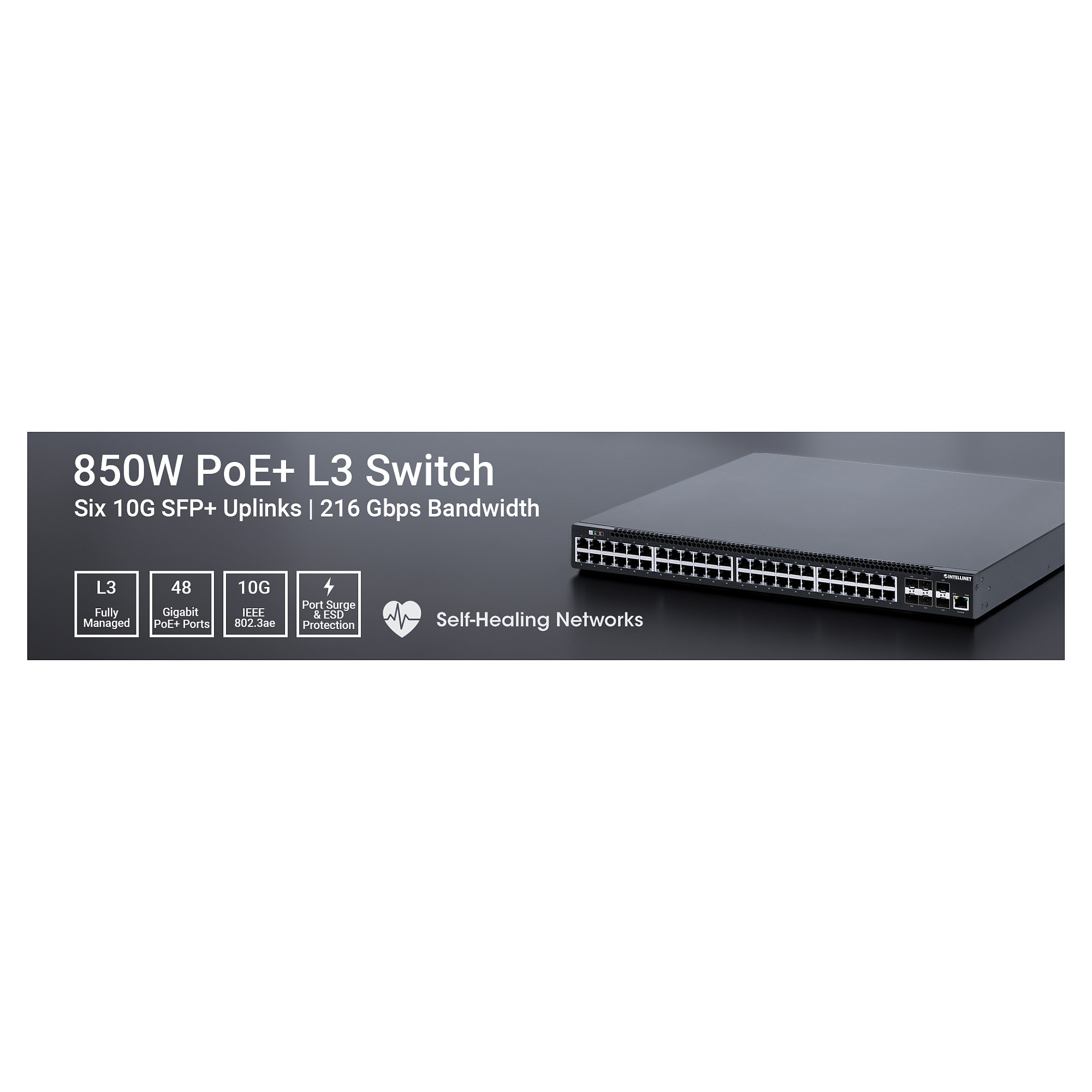 Switch INTELLINET / Managed / PoE+ / 48x Gigabit + 6x 10GbE / 850W - 10