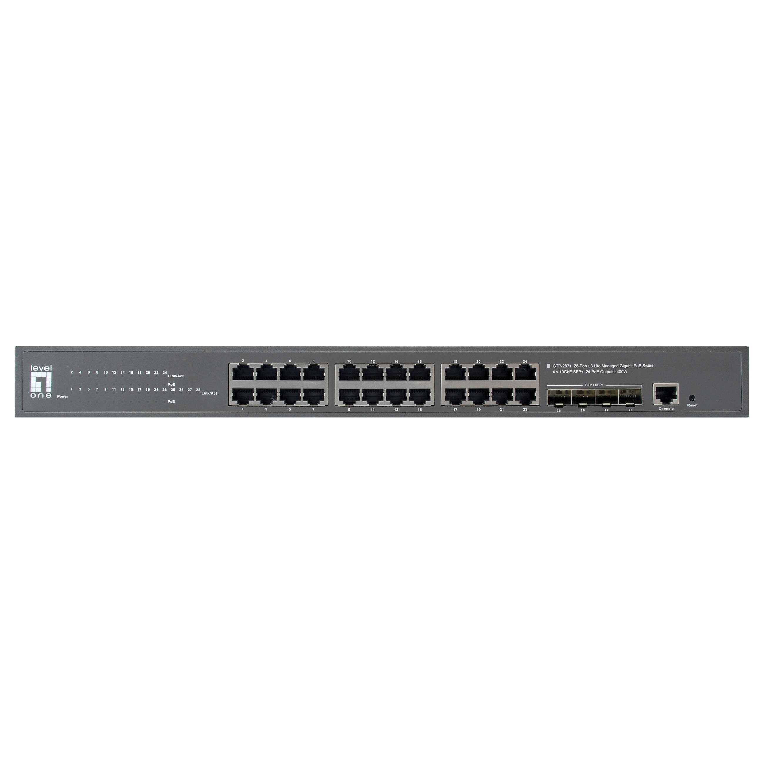 LevelOne GTP-2871 28-Port L3 Lite Managed Gigabit PoE Switch, 24-Port PoE+, 400W Budget, 4x 10G SFP+ Uplink - 4