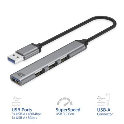 Hub USB-A ACT AC6325, 1x USB-A 3.2 Gen 1, 5 Gbps, 3x USB-A 2.0, 480 Mbps, Kabllo 18 cm, Korpus Alumini – Gri - 2