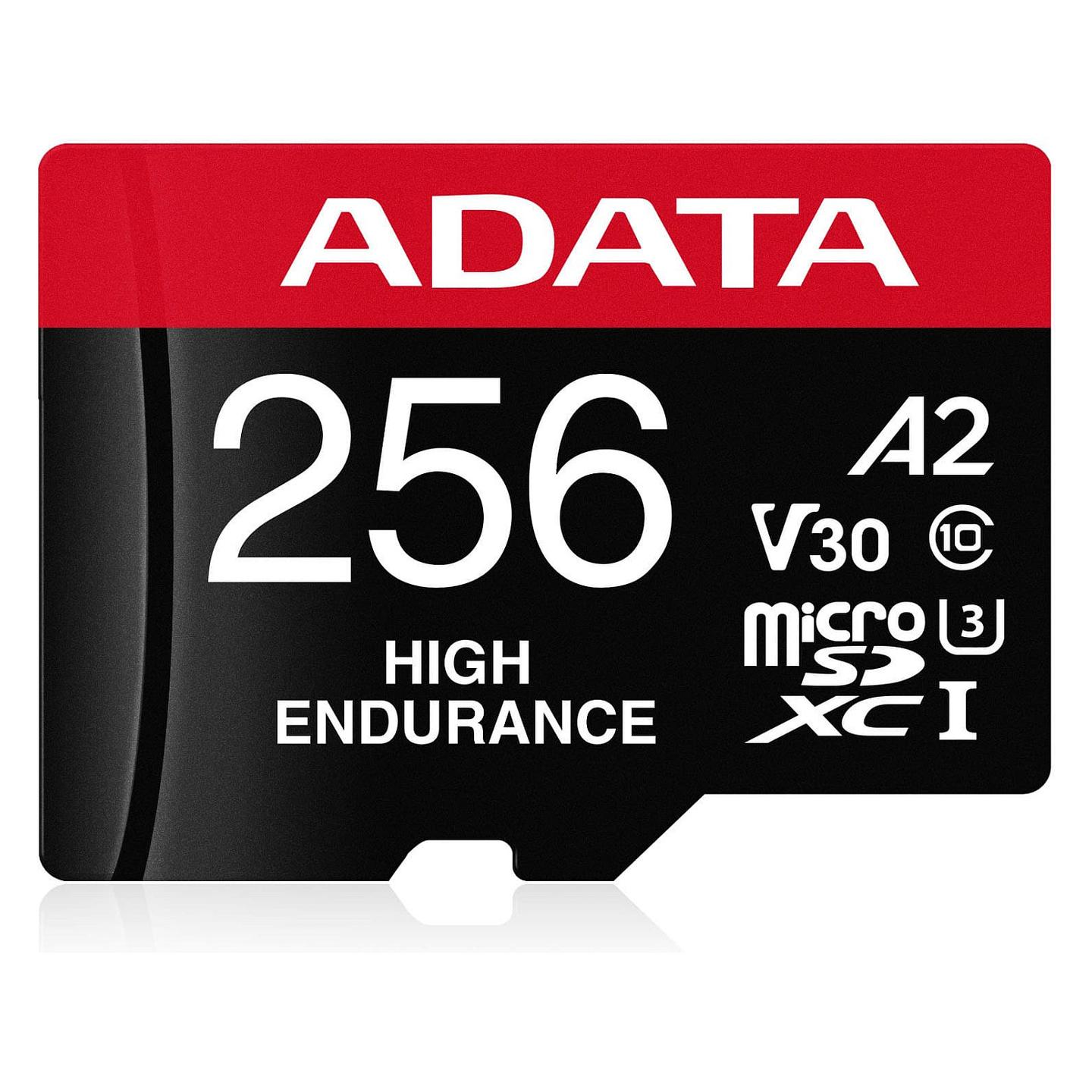 Kartë Memorie ADATA High Endurance, microSDXC, 256GB, UHS-I U3, V30, A2, 100MB/s, me Adapter - Zezë/Kuqe - 1