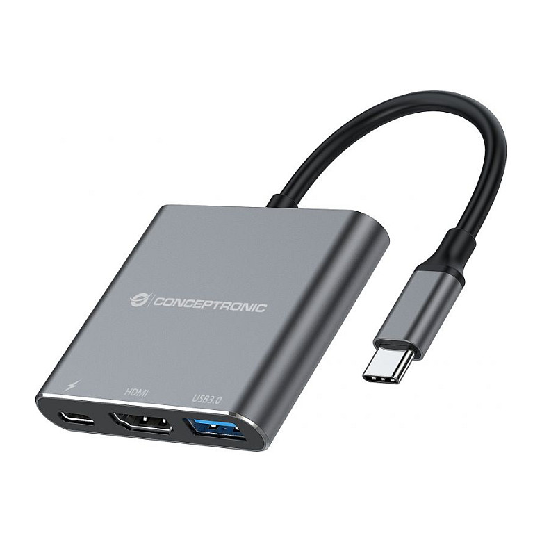Hub Udhëtimi CONCEPTRONIC 3-në-1 USB-C në HDMI/USB-A 100W PD - Hiri - 2