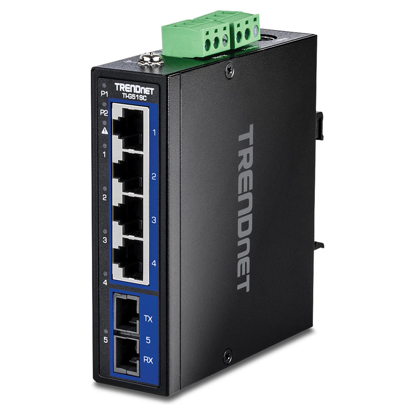 Switch Industrial TRENDnet TI-G51SC, 4x Gigabit Ethernet RJ45, 1x Gigabit SC Multimode Fiber, 10Gbps, IP30, DIN-Rail - Zezë