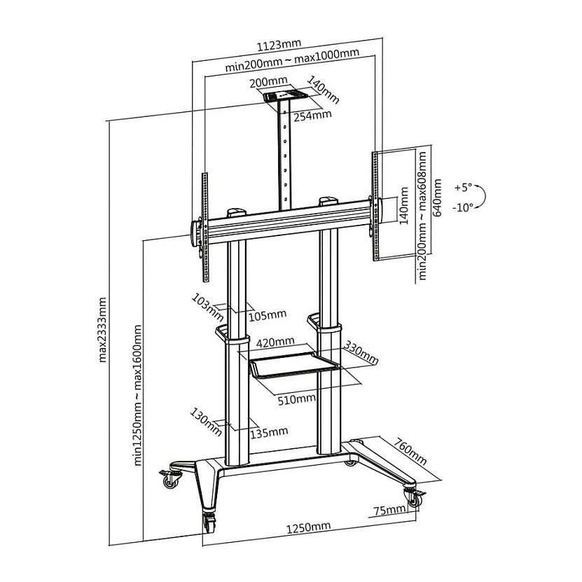 Mbajtëse me Rrota për TV ROLINE 17.03.1263 / 70"-120" / 140kg / Rregullim Lartësie 1200-1650mm / Tilt +5° deri -10° - Zezë - 2