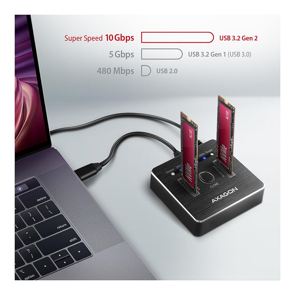 Këllëf për Disqe AXAGON ADSA-M2C, 2x M.2 NVMe, USB-C 3.2 Gen 2, 10Gbps, Klonim Pa Kompjuter - Zezë - 3