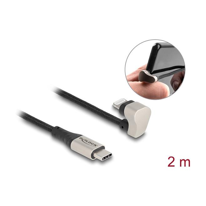 Kabllo USB DeLOCK 80026 / USB-C në Lightning / 2m / USB 2.0 / 3A / 480 Mbps / MFi / Këndore 180° / Tekstil - Zezë/Argjend - 3
