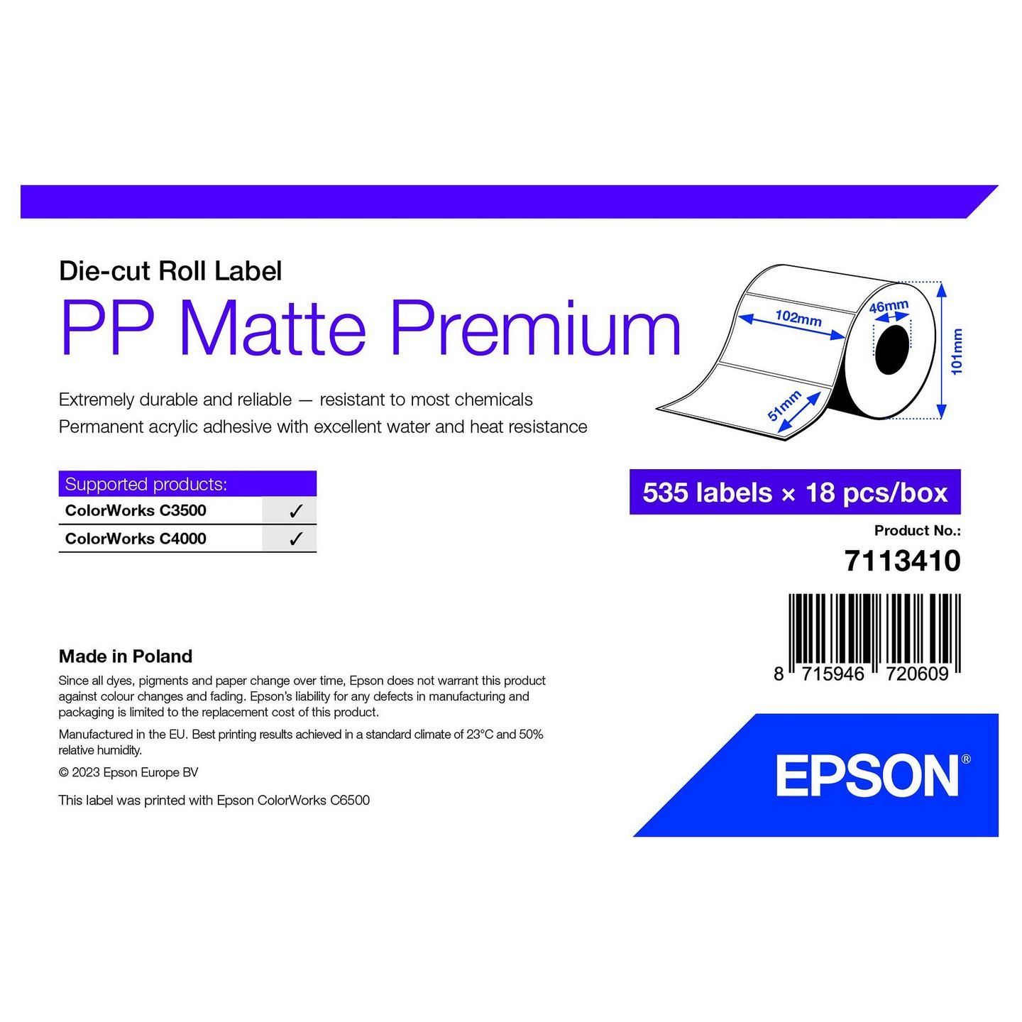 Etiketa Epson PP Matte Premium 7113410, 102 × 51 mm, 535 etiketa për rrotull - Bardhë