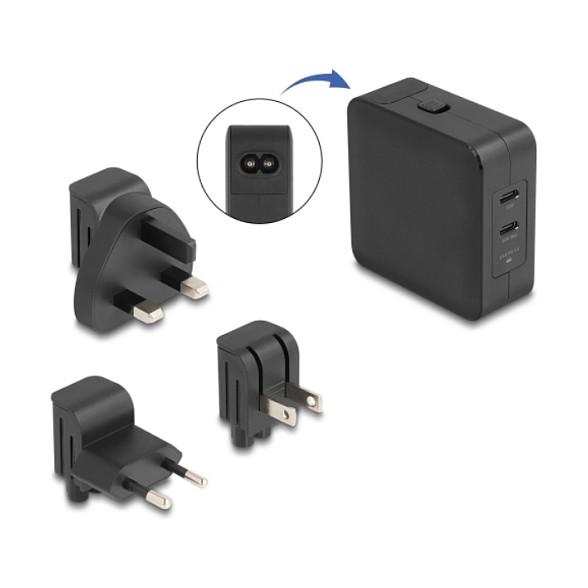 Adapter DeLOCK 41443 , 2x USB-C , GaN , PD 3.0 , 65W , EU, US, UK - Zezë