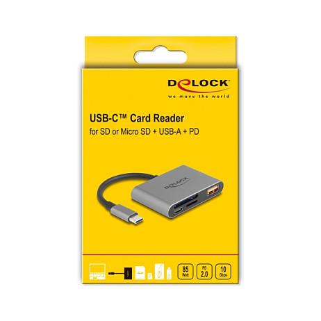 Lexues Kartelash DeLOCK 91016 / USB-C / SD + Micro SD / USB-A 10 Gbps / PD 85 W / 0.1 m - Gri - 3