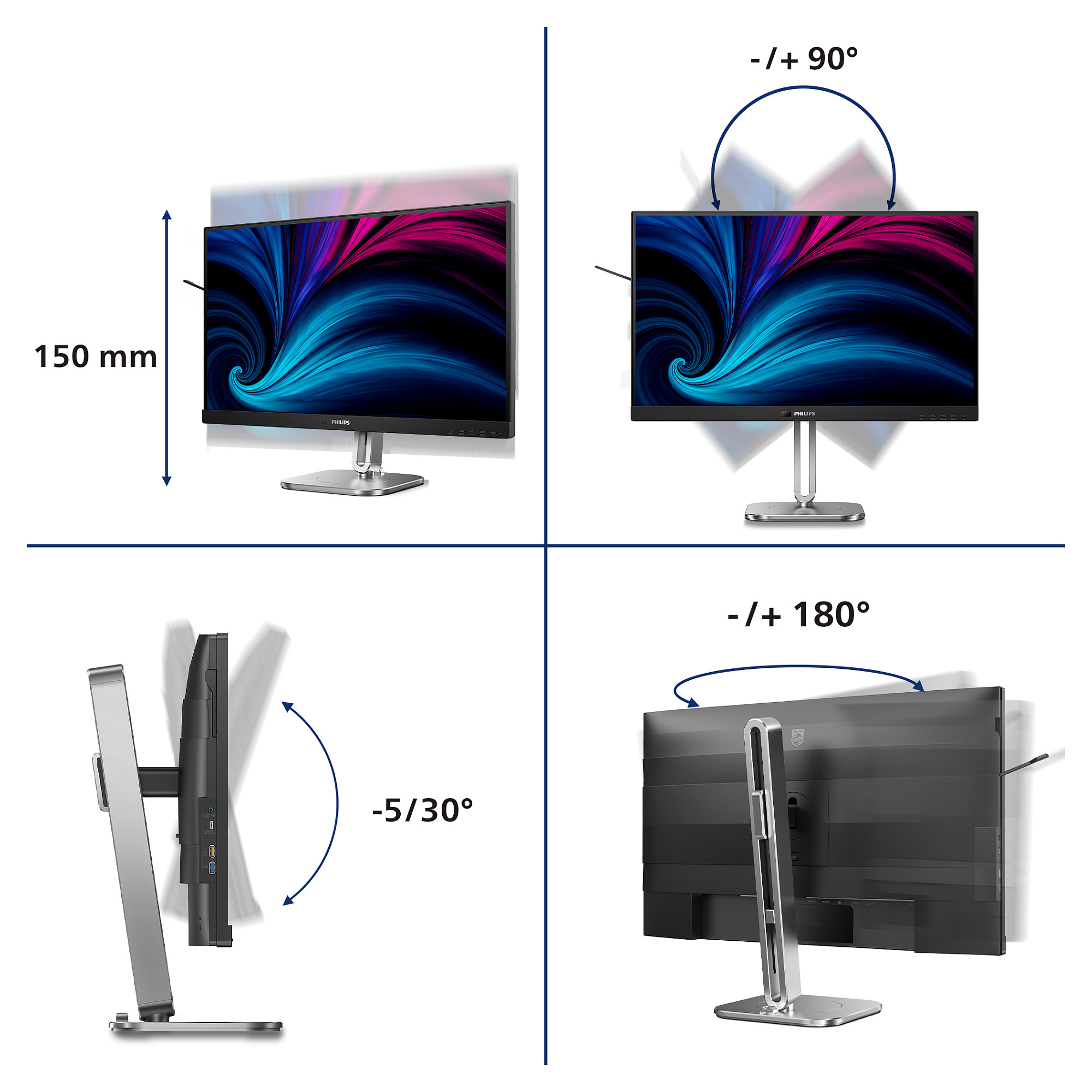 Monitor Philips 27B2U6903 / 27″ / 4K UHD IPS LED / 60 Hz / 4ms / 2× HDMI + DP + USB‑C + USB - Zezë Gri - 5