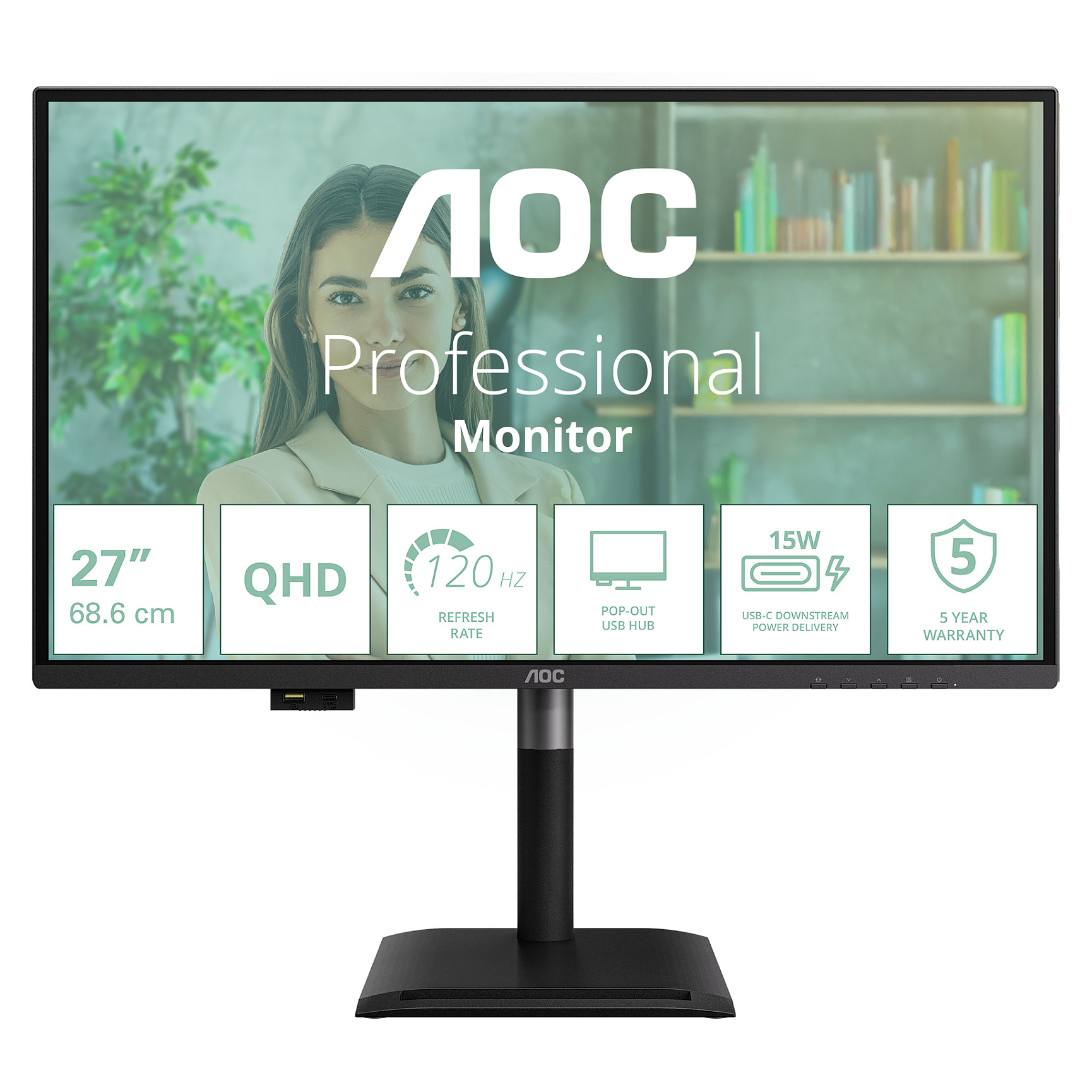 Monitor AOC Q27P4U / 27" / Wide Quad HD IPS / 120 Hz / 4ms / USB + USB-C + HDMI + DP - Zezë - 2