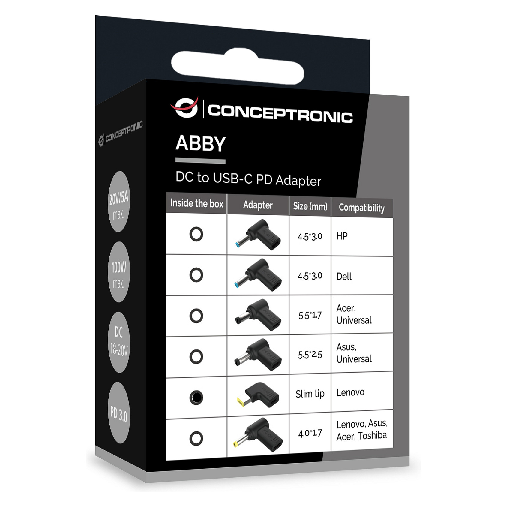 Aksesorë për telefon Conceptronic USB-C PD 100W to Lenovo/Universal Adapter 5.5x2.5mm / 18–20V – Zezë - 4