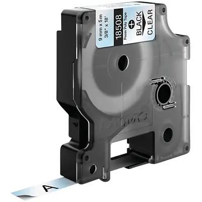 Shirit për Printer DYMO Rhino 18508 / Poliester / 9 mm × 5.5 m / Ngjitës Permanent / Shkrim i Zi mbi Transparent