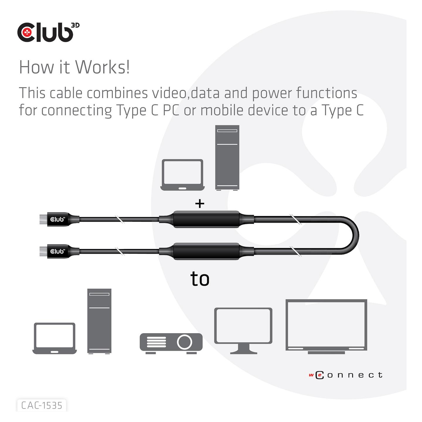 Kabllo USB Club 3D CAC-1535 / USB-C në USB-C / USB 3.2 Gen 2 / 10 Gbit/s / 8K@60Hz / 60W / 5 m - Zezë - 6