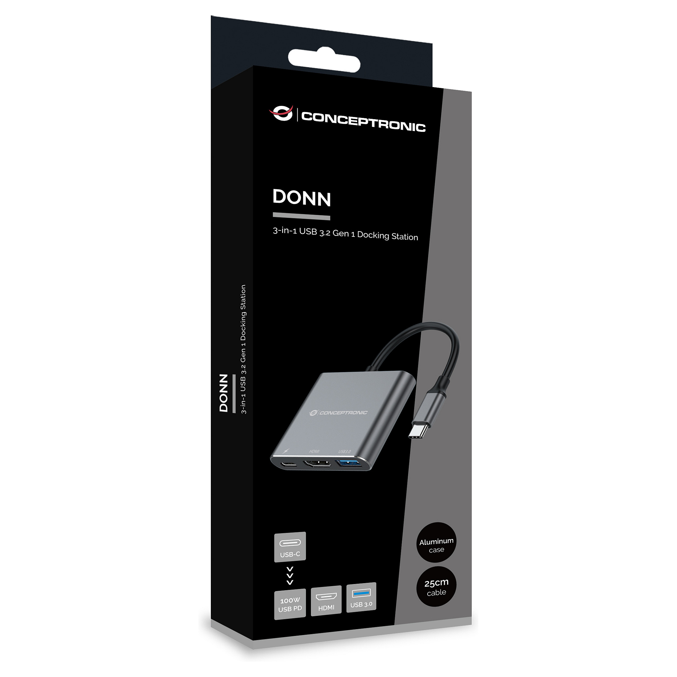 Hub Udhëtimi CONCEPTRONIC 3-në-1 USB-C në HDMI/USB-A 100W PD - Hiri - 10