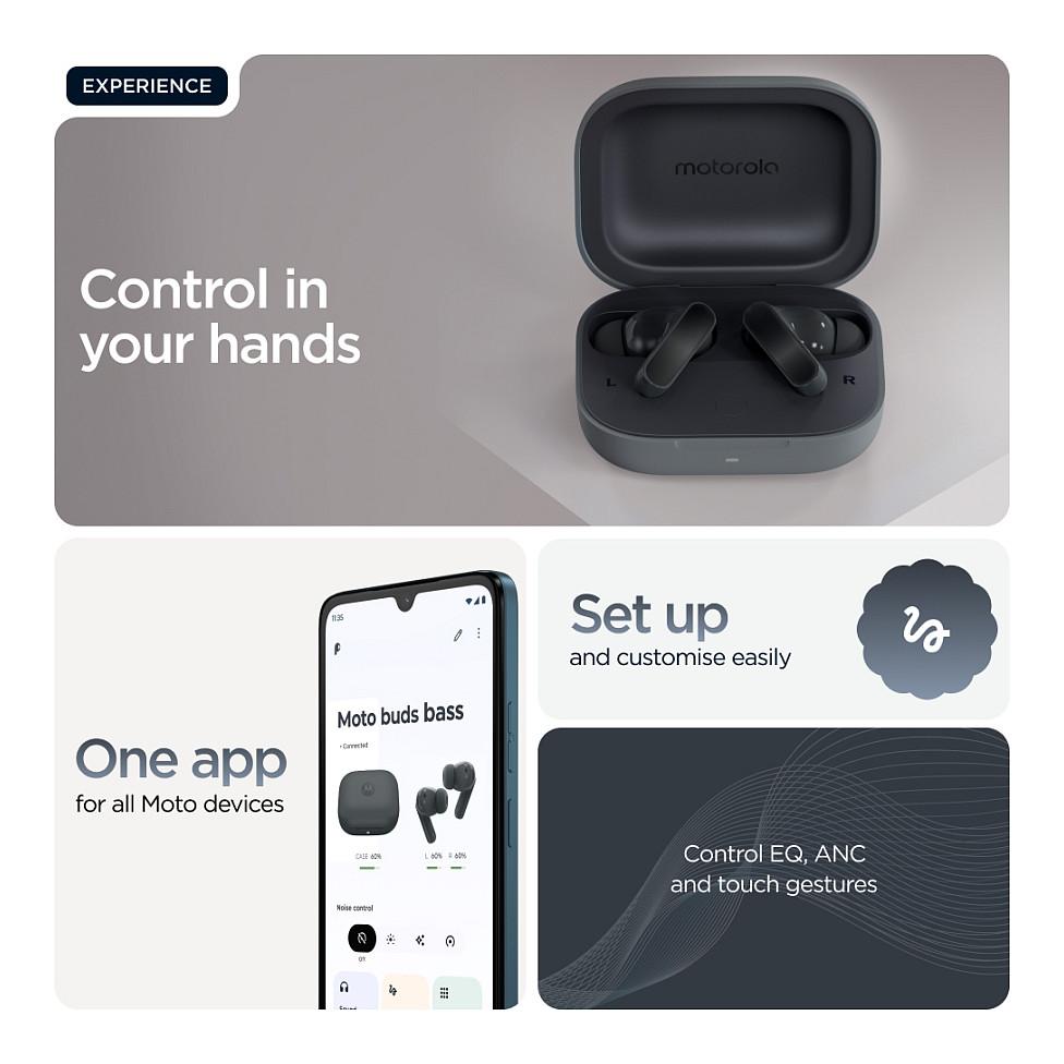 Kufje pa kabllo Motorola Moto Buds Bass / Bluetooth 5.3 / 12.4mm / ANC / Hi-Res Audio - Dark Shadow - 13