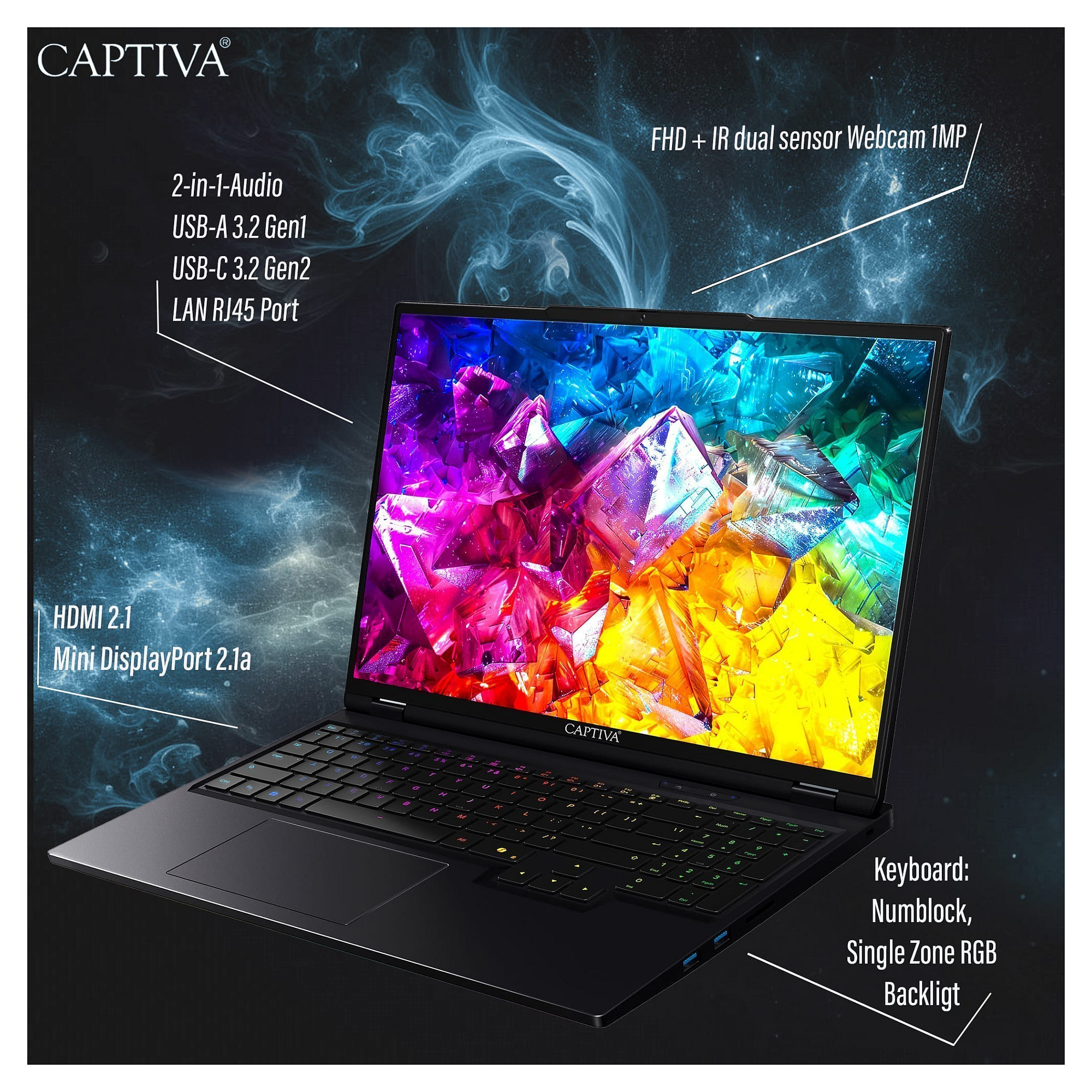 Laptop Gaming Captiva Notebook Ultimate Gaming R95-061GE / Ryzen 9 9955HX / 64GB DDR5 / 2TB / 16" WQXGA IPS 300Hz / RTX 5090 24GB - Zezë - 4