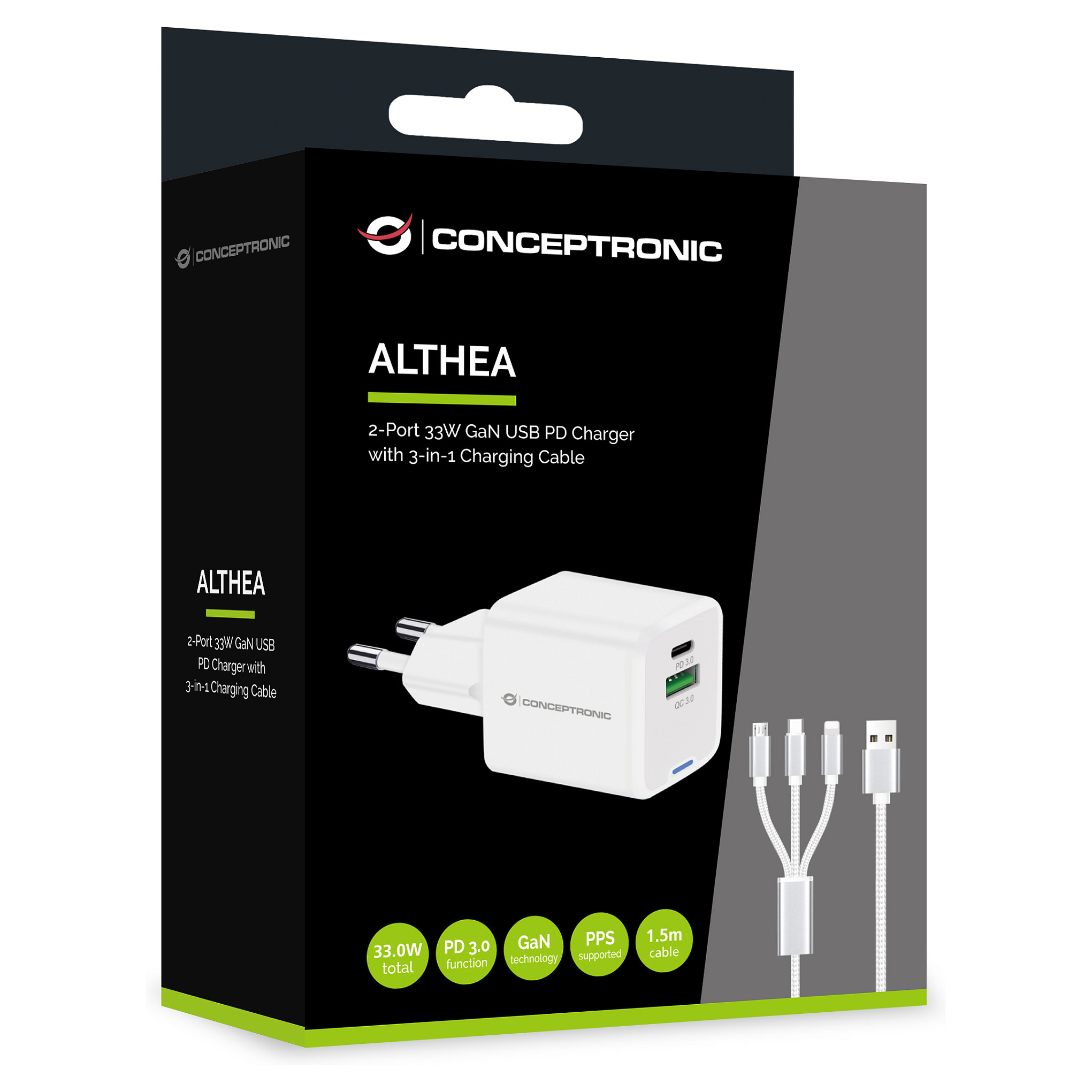 Adapter  Conceptronic 2-Port GaN Charger 3-in-1 / 33W / PD 3.0 / PPS – Bardhë - 3