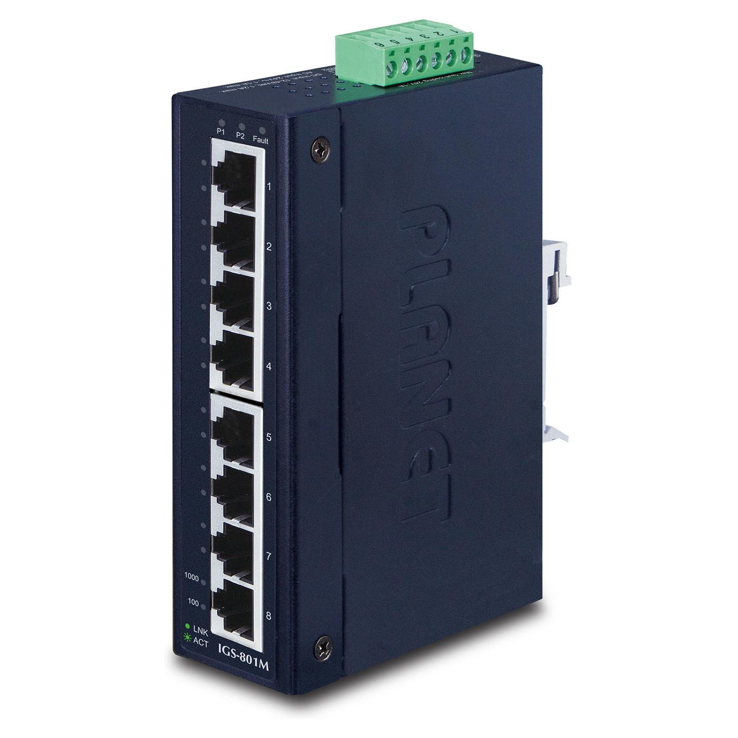 Switch Industrial PLANET IGS-801M, 8x Gigabit Ethernet RJ45, 16Gbps, Layer 2 Managed, IP30, DIN-Rail - Blu