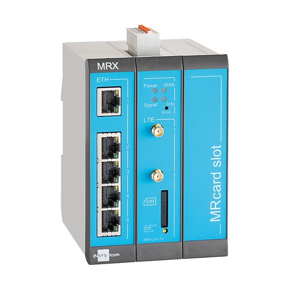 INSYS icom MRX3 LTE, Ruter Industrial 4G LTE, 5× Fast Ethernet 10/100 Mbps, 2× Hyrje Digjitale (DI), 1× Slot Zgjerimi MRcard, VPN, Montim në DIN-Rail – Blu/Hiri