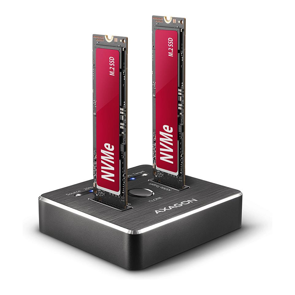 Këllëf për Disqe AXAGON ADSA-M2C, 2x M.2 NVMe, USB-C 3.2 Gen 2, 10Gbps, Klonim Pa Kompjuter - Zezë