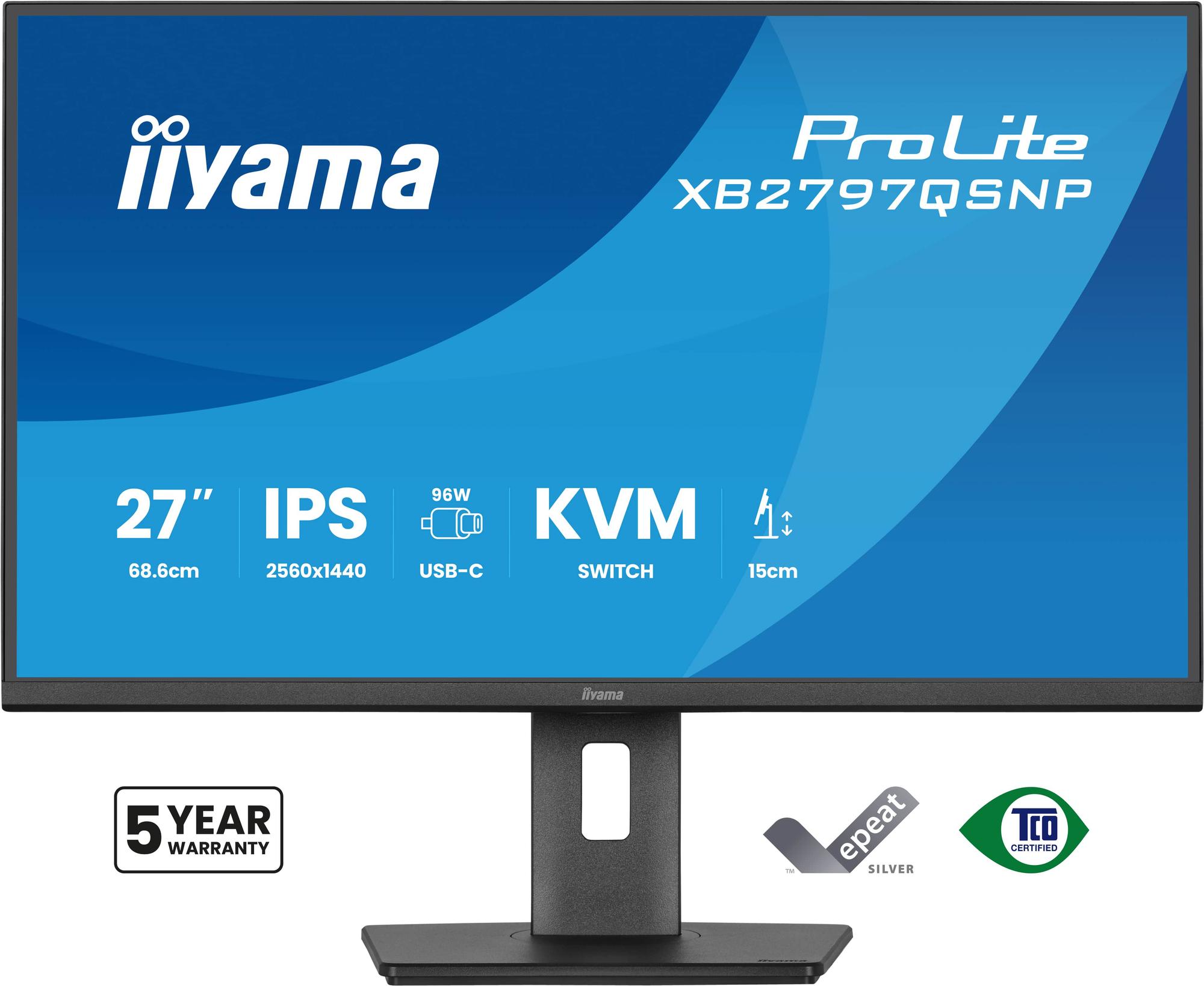 Monitor iiyama ProLite XB2797QSNP-B1 / 27" / QHD IPS / 75 Hz / 1 ms / HDMI + DisplayPort + USB-C + LAN – Zezë