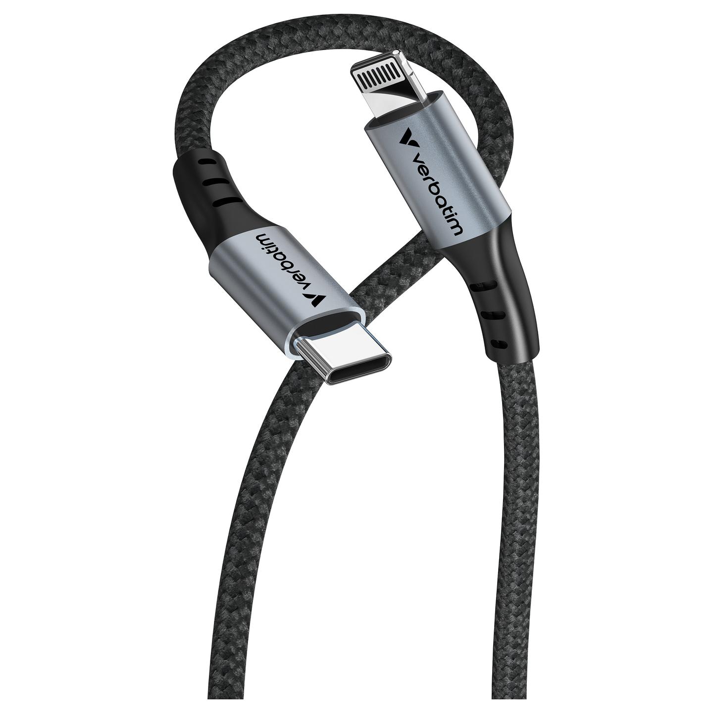 Kabllo USB Verbatim 31844, USB-C në Lightning, 120 cm, USB 2.0, 60W, Power Delivery 3.0 – Zezë/Argjend