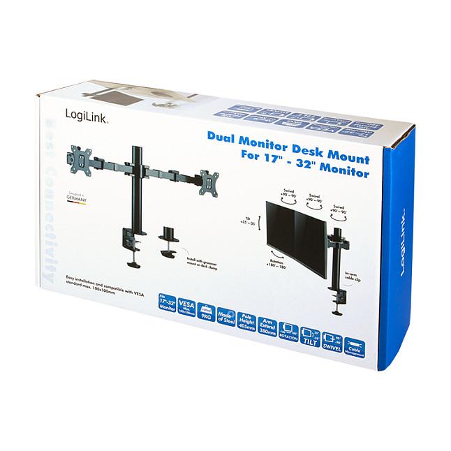 Mbajtëse për Monitor LogiLink BP0106 / 2 Monitorë / 17–32" / deri 12kg për Monitor / VESA 75x75 & 100x100 / Full Motion / 380mm - Zezë - 8