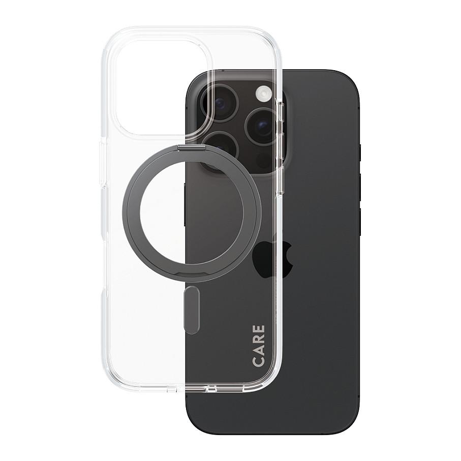 Case për Telefon CARE by PanzerGlass Feature, iPhone 16 Pro, Kickstand 360°, MagSafe – Transparent me Mbajtëse të Zezë