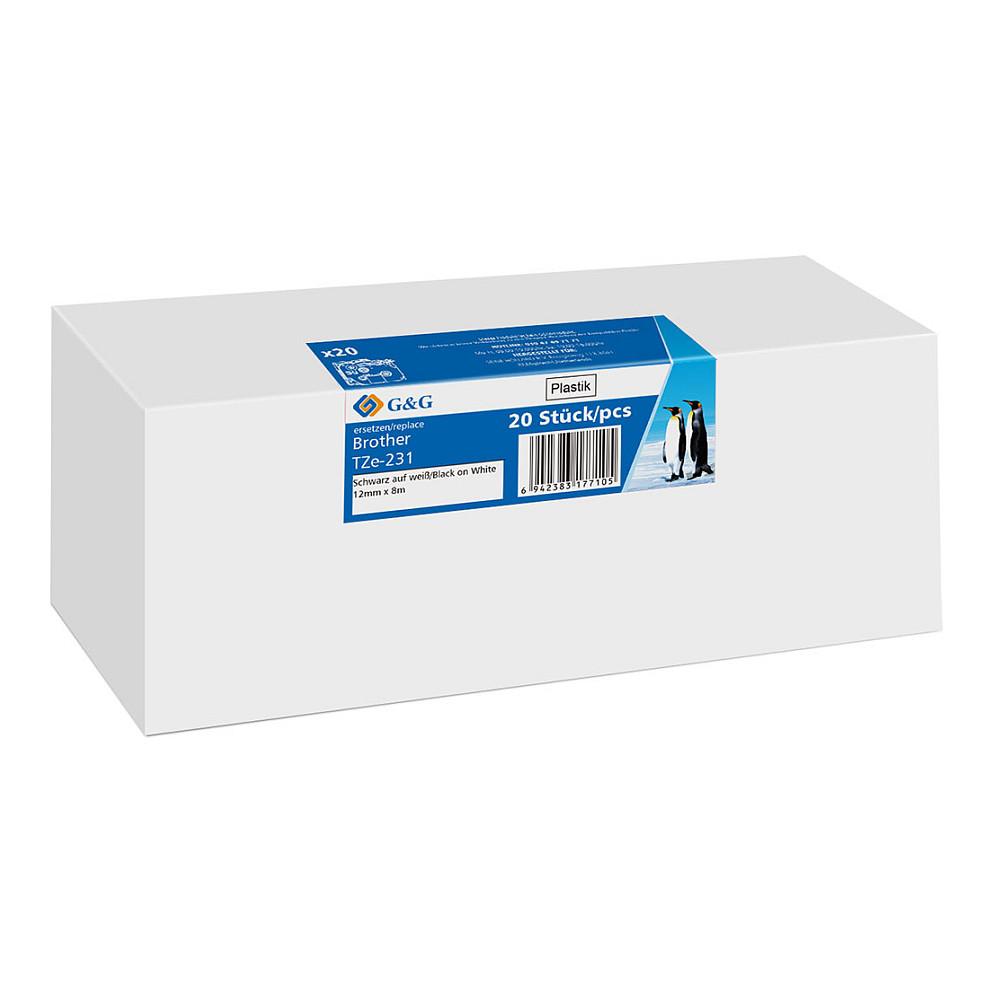 Shirit për Printer G&G 21568 / 20 Copë / Kompatibil me Brother TZe-231 / I Laminuar / 12 mm × 8 m - Shkrim i Zi mbi të Bardhë - 3