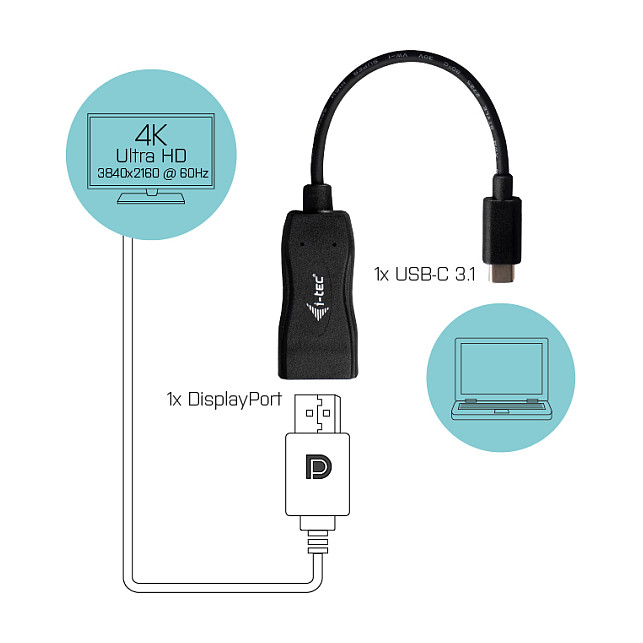 Adapter i-tec USB-C në DisplayPort 4K/60Hz / 0.15m / i zi - 2