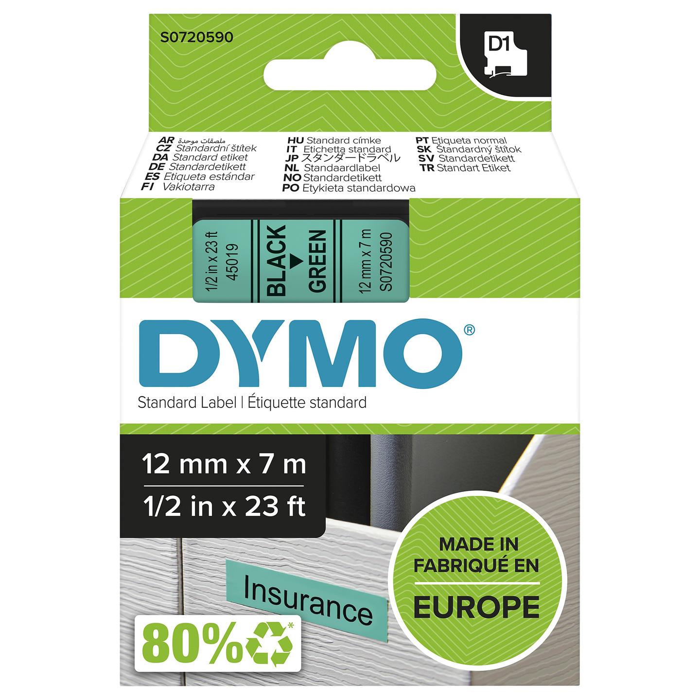 Shirit për Printer DYMO D1 / 12 mm × 7 m - Zezë mbi Gjelbër