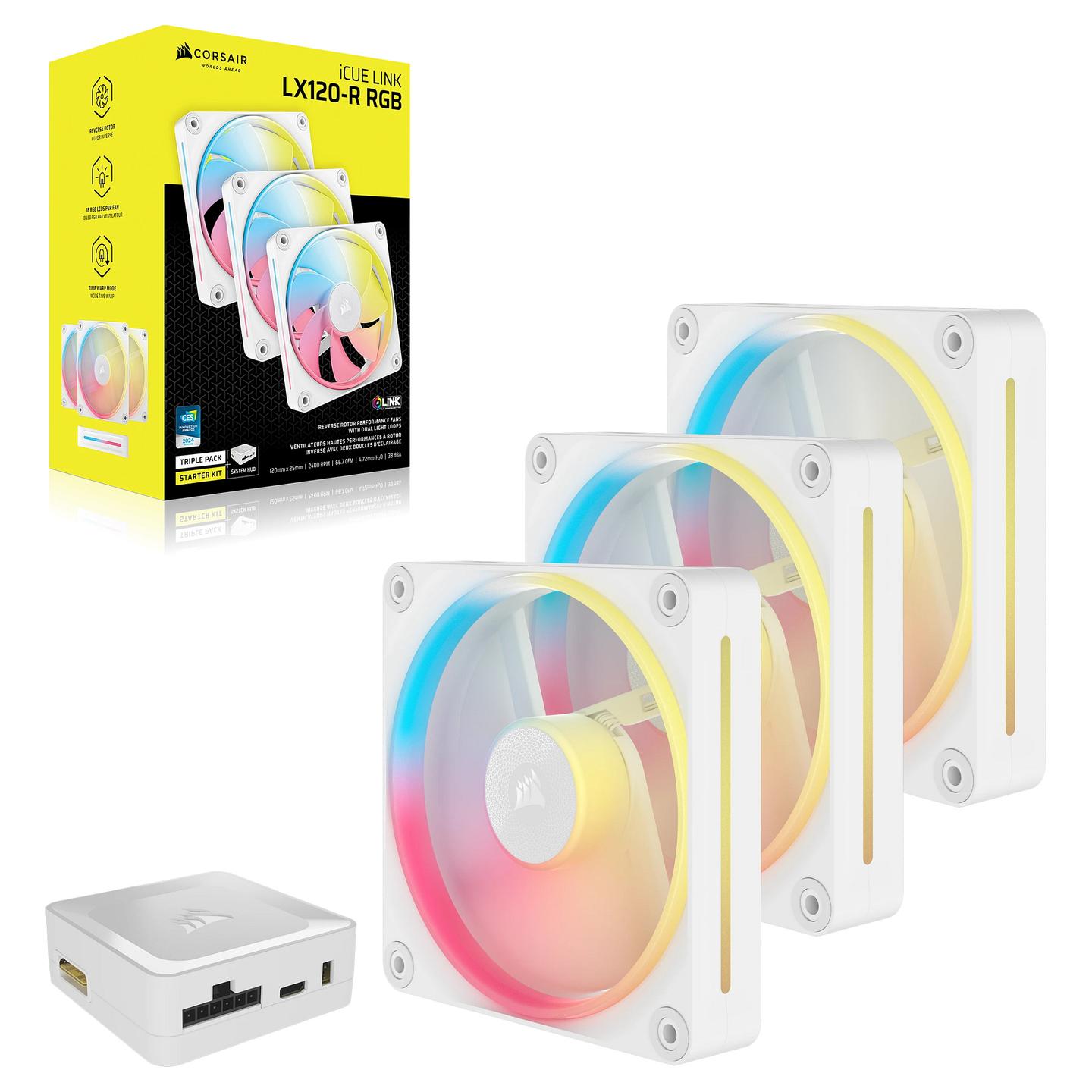 Ftohës për Kasë CORSAIR iCUE LINK LX120-R RGB / 120mm / Reverse / PWM / 2400 RPM / 66.7 CFM / 4.72 mmH₂O / 18 LED / 3-Pack – Bardhë - 3
