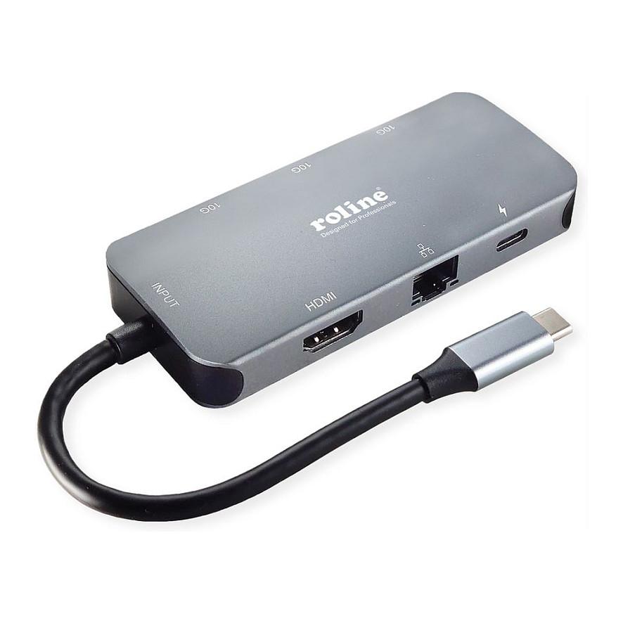 Docking Station ROLINE 12.02.1121, USB-C, HDMI 4K 30Hz, 2x USB-A 10 Gb/s, 1x USB-C, Gigabit Ethernet, Power Delivery deri në 100W – Gri