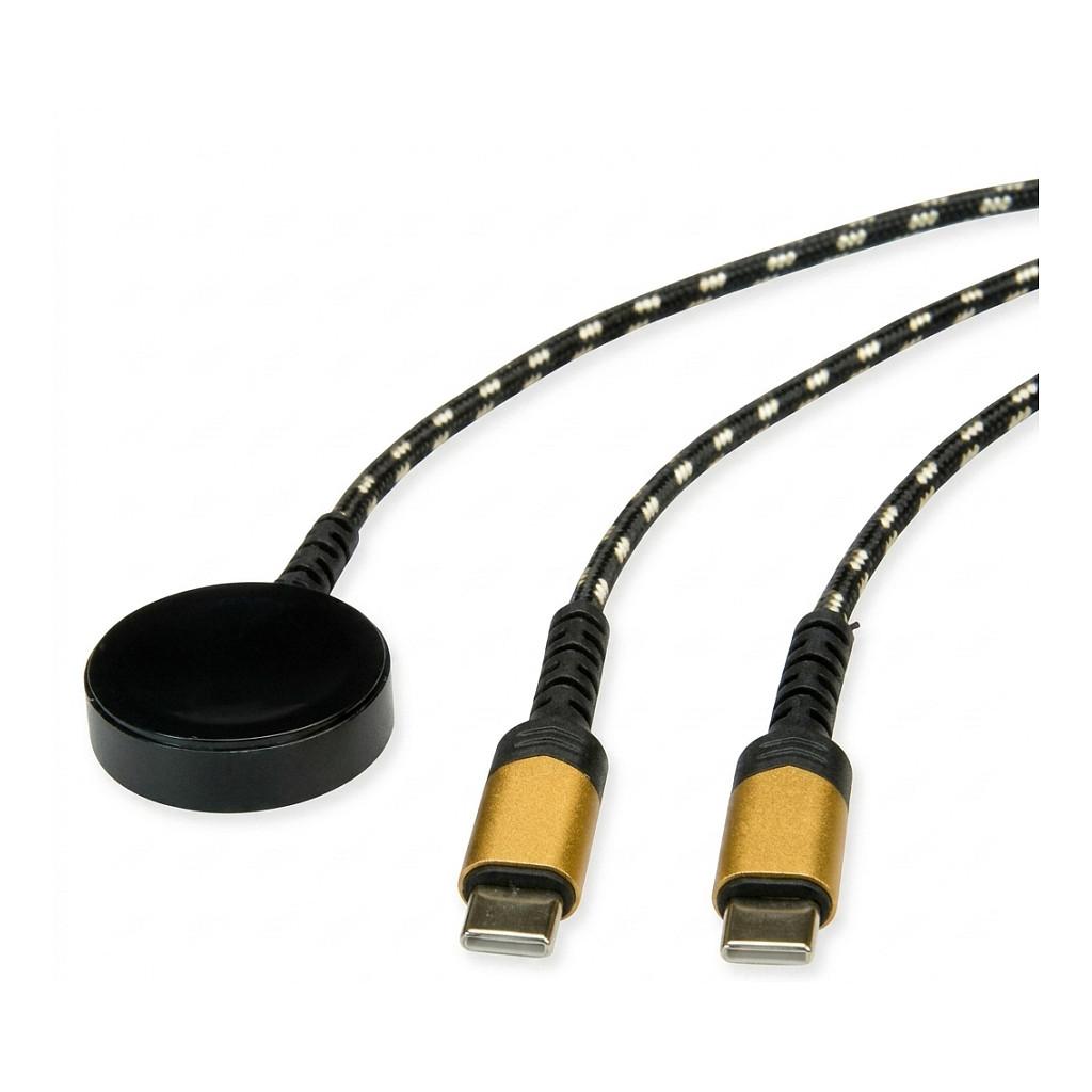 Kabllo USB ROLINE 11.02.8342, USB-C në USB-C, 60 W, pad karikimi induktiv 15 W për Apple Watch, 1,2 m - Zezë