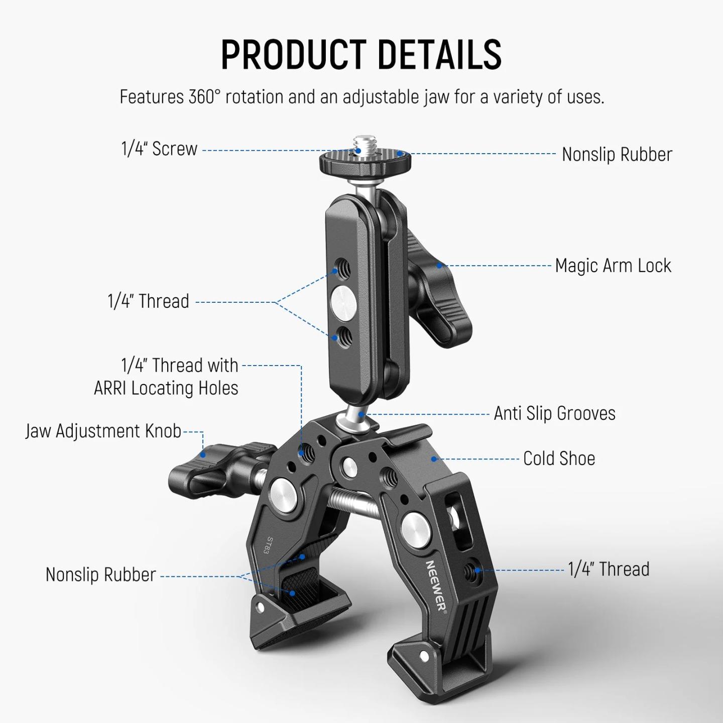 Mbajtës për Kamerë Neewer ST83, Dual Ball Head 3", 360°, Kapacitet 3kg, 1/4" dhe 3/8" - Zezë - 2