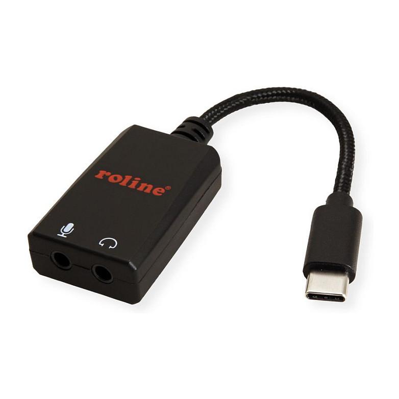 Adapter Audio ROLINE 12.03.3209 , USB-C Mashkull në 2x 3.5mm Femër , Kufje dhe Mikrofon , 13cm - Zezë - 2