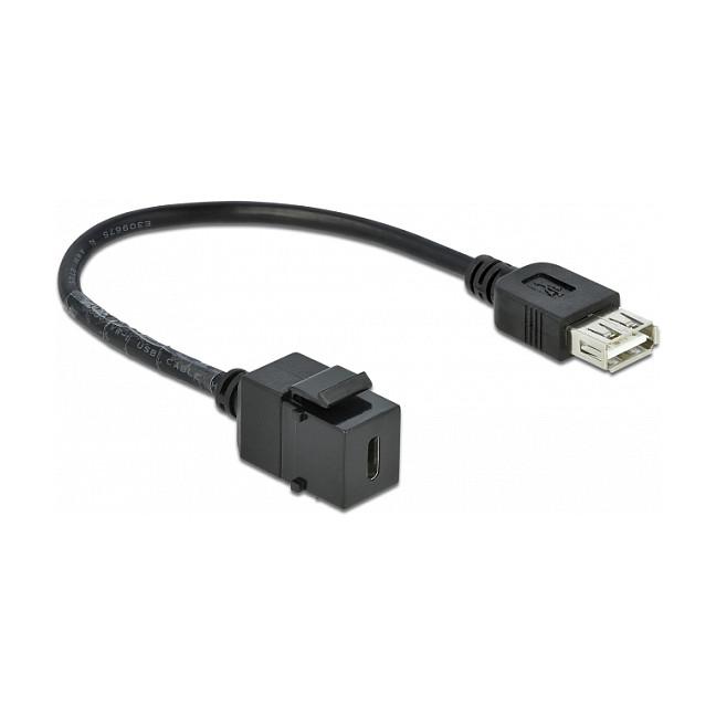 Adapter DeLOCK 86384, Keystone, USB 2.0 Type-C femër në Type-A femër, 480 Mbps, 25 cm - Zezë