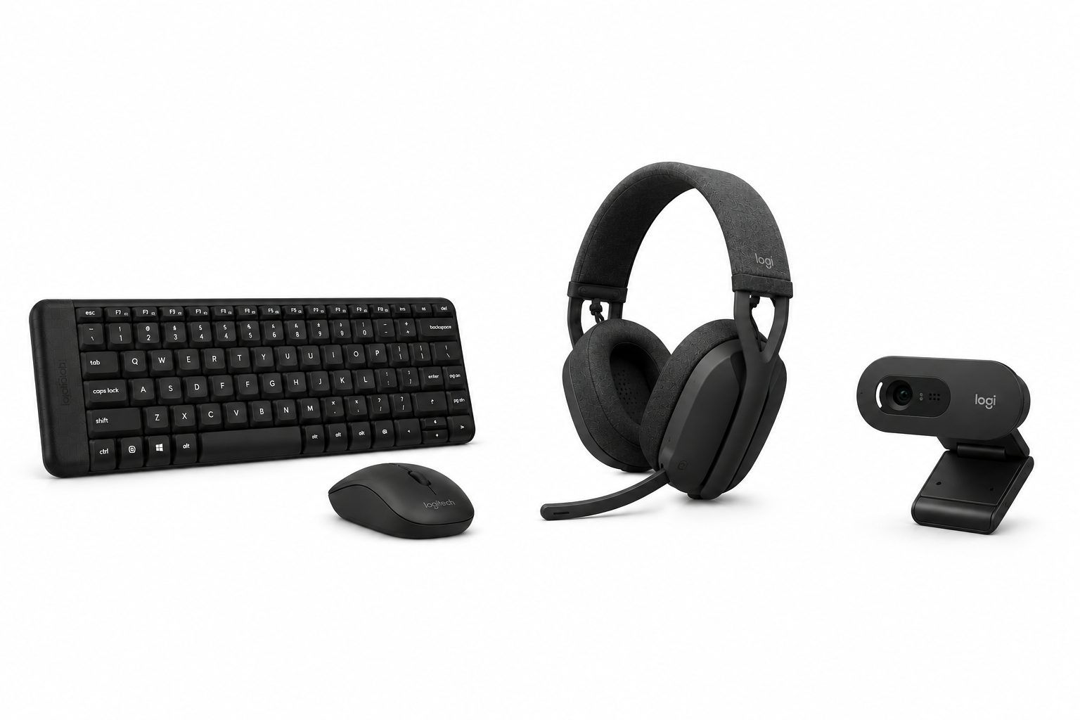 Logitech Essential Office Bundle  – Tastierë & Maus, Kufje Wireless, Webcam Full HD – Zezë/Grafit