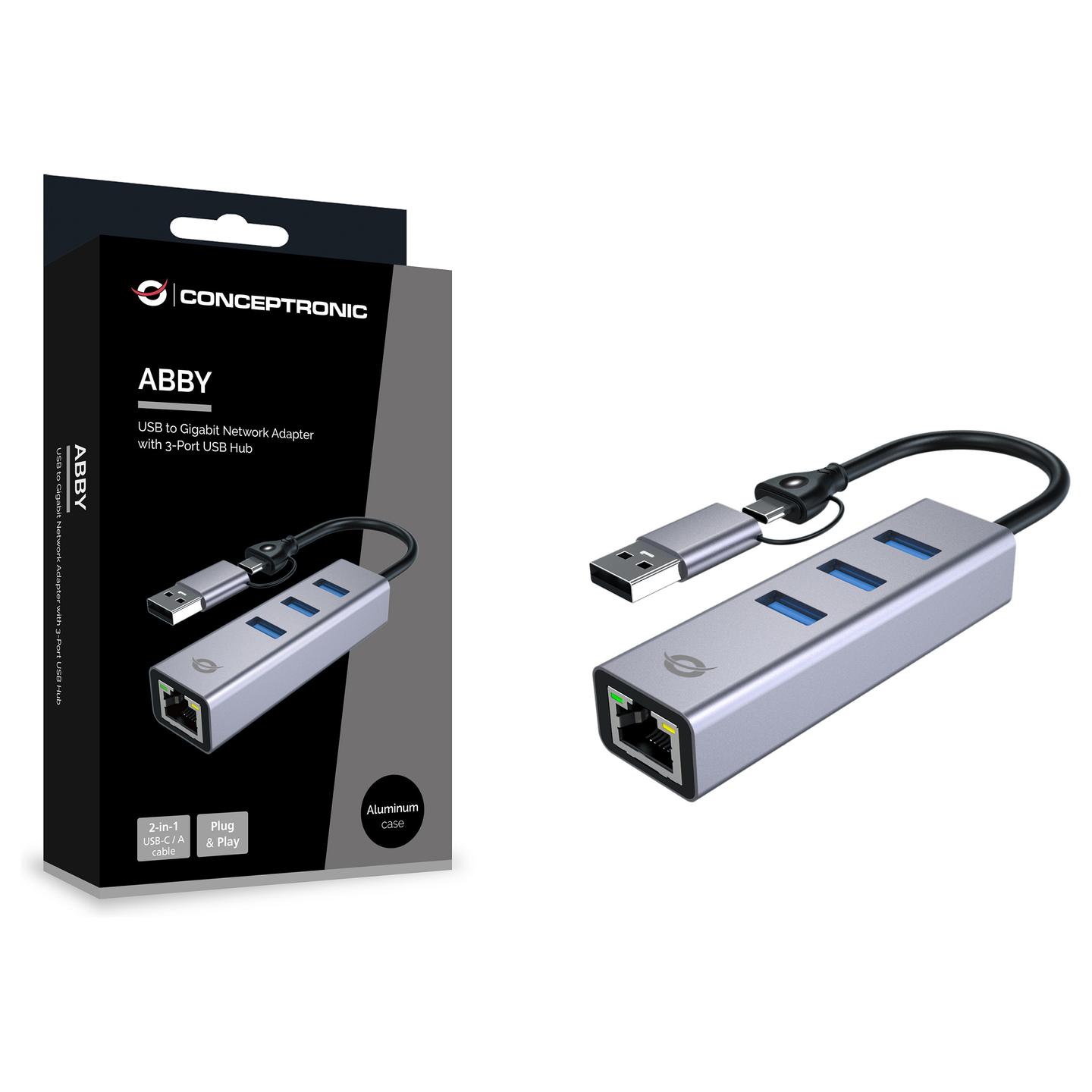 Hub Conceptronic ABBY25G, 3x USB-A, Gigabit Ethernet, USB 3.2 Gen 1, 5Gbps - Gri - 6