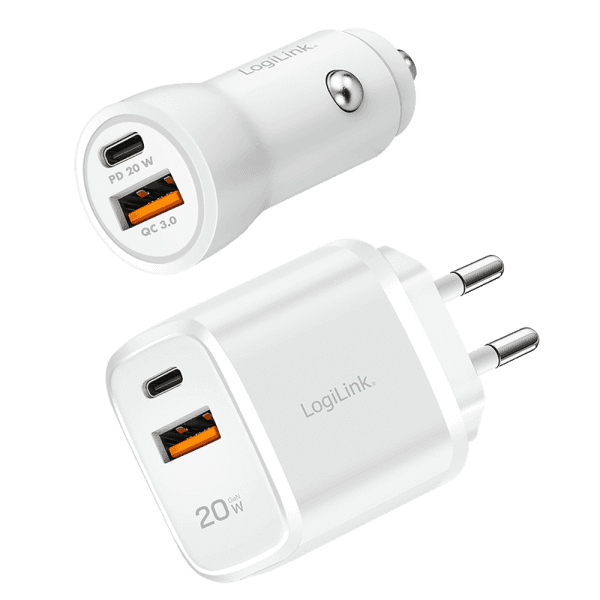 Karikues LogiLink PA0374, USB-A + USB-C, 20W, Set 2 copë, për prizë dhe veturë - Bardhë