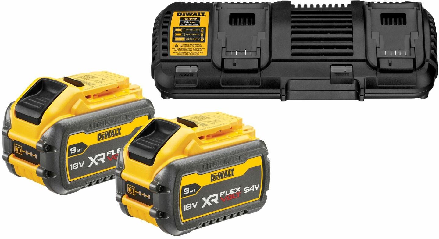Set Baterish dhe Karikues DeWALT DCB132X2-QW, 2x18V/54V, 2x9Ah/3Ah, Karikues i Dyfishtë - Zezë/Verdhë