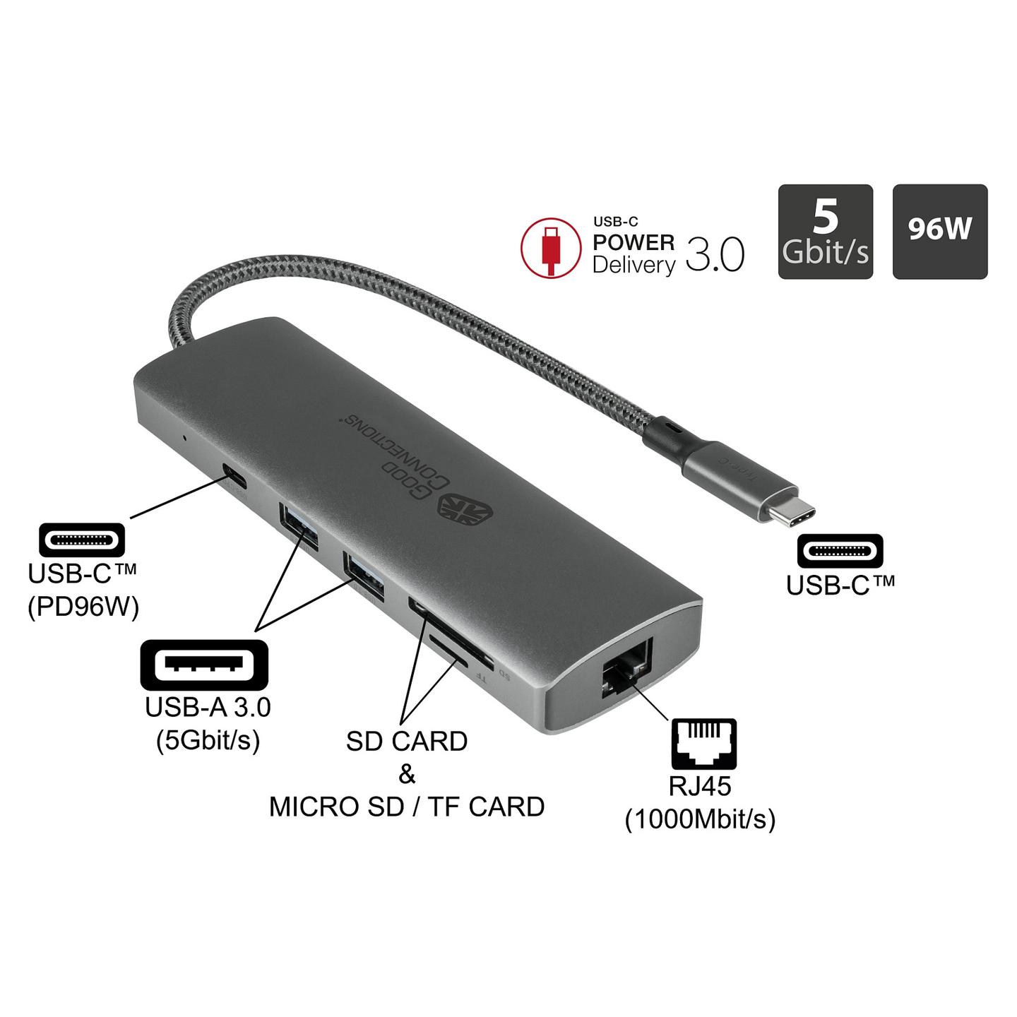 Hub USB Good Connections HUB-C001A / USB-C / 3x USB-A / 2x HDMI 2.0 + DisplayPort / RJ45 Gigabit / SD + MicroSD / Power Delivery 96W / 0.2 m - Hiri - 2