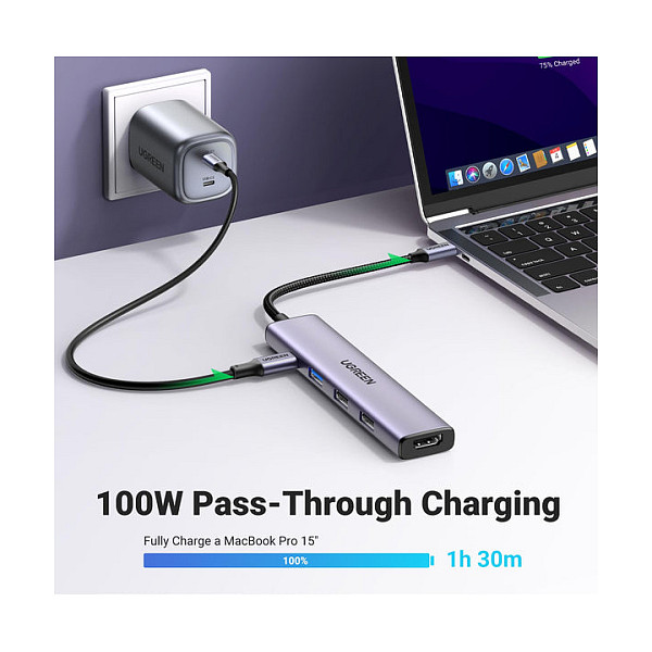Hub UGREEN 15495 / 5-in-1 / USB-C / 100W PD / HDMI / 3x USB-A / 4K@30Hz / 5Gbps - Gri - 2