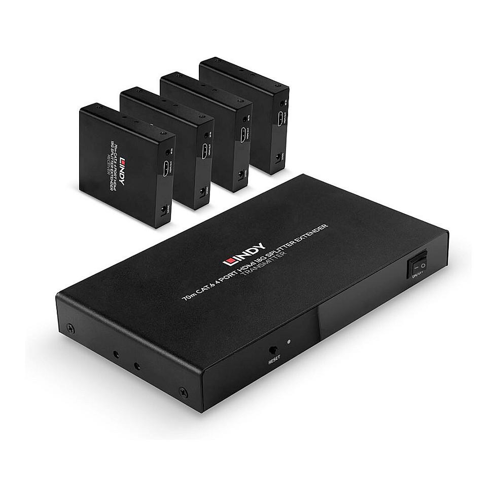 Splitter Extender HDMI Lindy 38262, 1 hyrje në 4 dalje, 4K 60Hz, Cat.6, deri në 70m - Zezë
