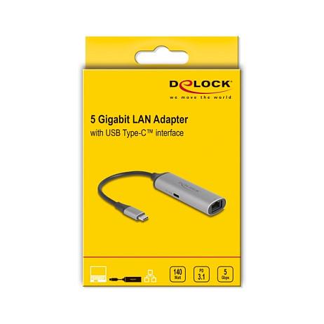 Adapter Rrjeti DeLOCK 81591 / USB-C / 5 Gigabit LAN / RJ45 / PD 140 W / 0.15 m - Hiri - 2