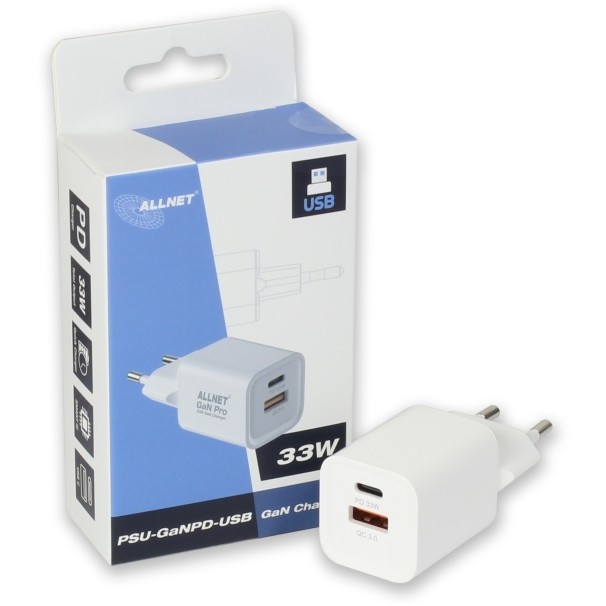 ALLNET 33W GaN Power Supply – USB-C PD + USB-A Quick Charge Charger EU Plug Fast Adapter - 1