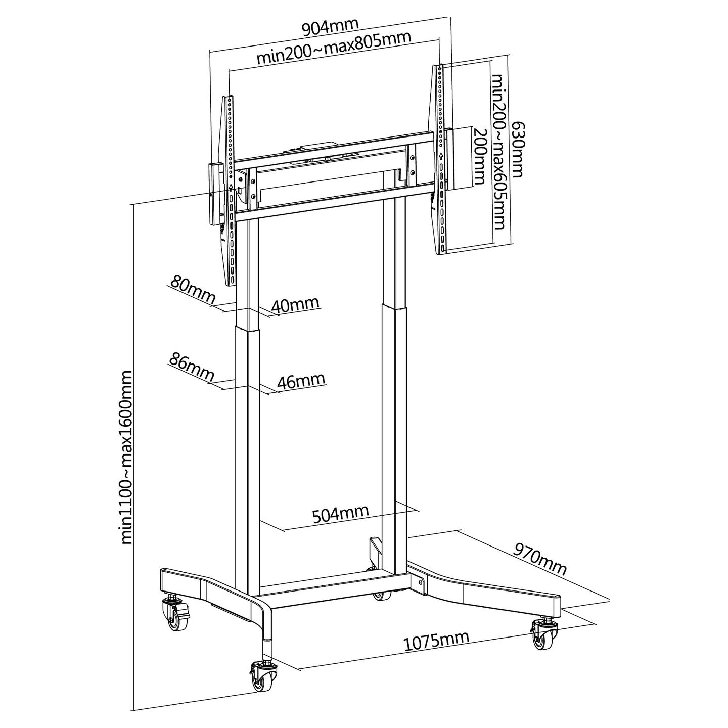 Mbajtëse për TV Equip 650632 , 55–100" , deri 120kg , stativ mobil , me rrota , lartësi motorike e rregullueshme , VESA 200x200–800x600 - Zezë - 8