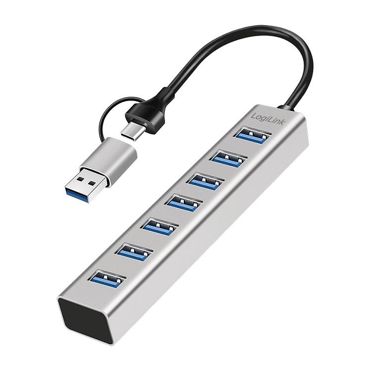 Hub USB-A LogiLink UA0441, 7x USB-A, USB 3.0, 5Gbps, kabllo 2-në-1, alumin - Argjend